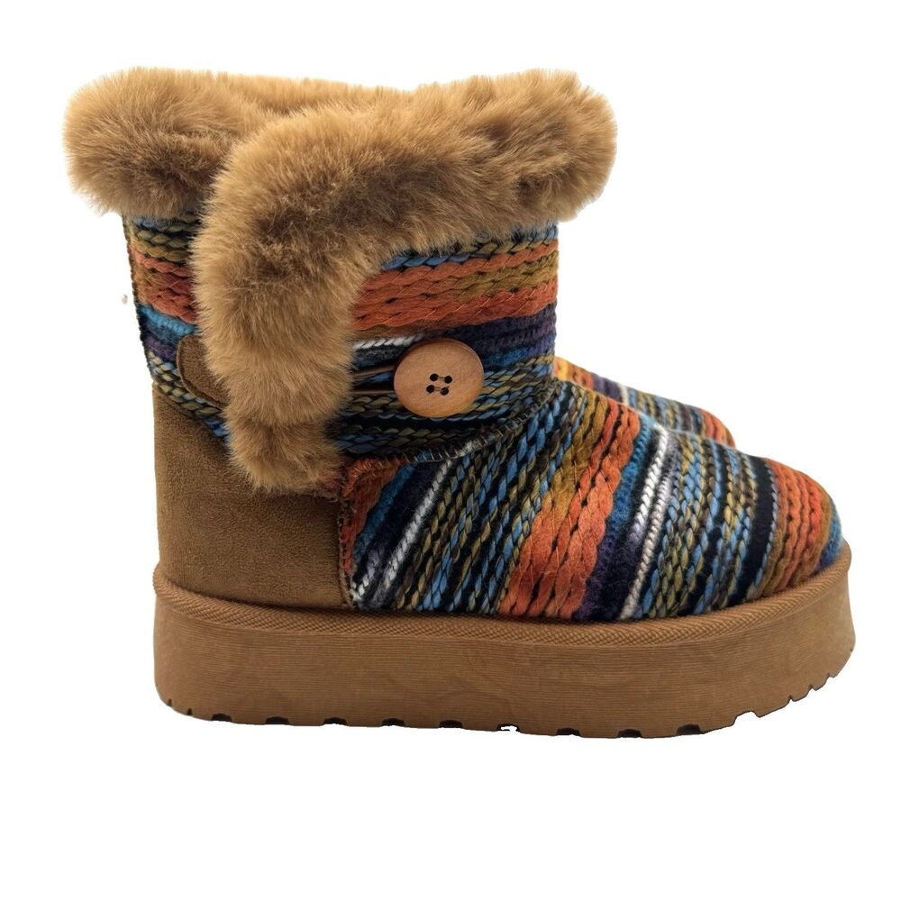 NEW Bamboo Knit Faux Fur Lined Platform Women‎ 8.5 Boho Southwestern Ankle Boots